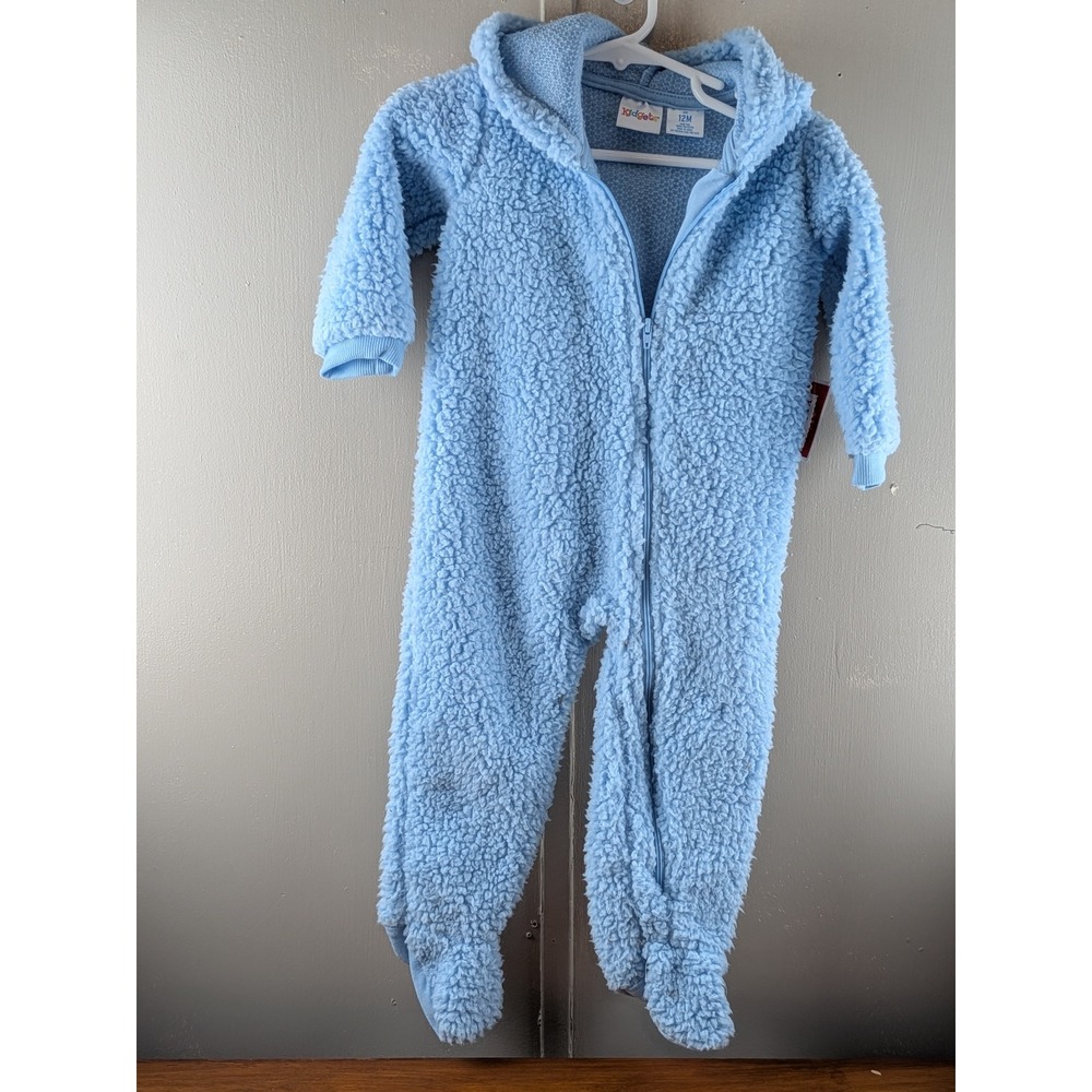 Kidgets Baby Light Blue Sherpa Fleece Hooded Footed Coverall Bear Ears 12M NWT